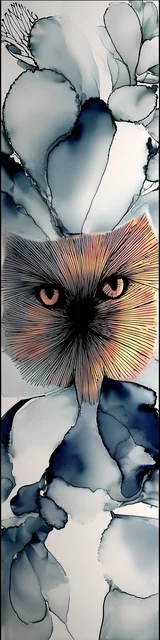 Free abstract cat art bookmarks featuring a furry brown cat face on bluish abstract art